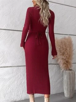 Women's Sweater Dress Winter Dress Jumper Dress Midi Dress Ribbed Outdoor Work Street Fashion Modern V Neck Long Sleeve 2023 Slim Black White Wine Color S M L XL Size -Tesla Style yrdbyk1694602912555