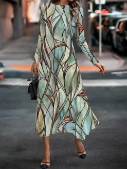 Women's Work Dress Casual Dress Semi Formal Dress Fashion Winter Dress Daily Midi Dress Print Crew Neck Long Sleeve Floral Ombre Slim Light Green Navy Blue Blue Fall Winter S M L XL XXL -Tesla Style yrippc1694750414922