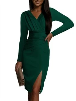 Women's Work Dress Sheath Dress Semi Formal Dress Fashion Winter Dress Office Workfashion Midi Dress Ruched Split V Neck Long Sleeve Stripe Plain Regular Fit Blue Green Fall Winter S M L XL XXL -Tesla Style yroxhr1695096217007