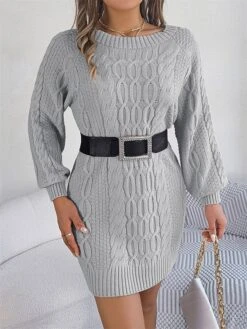 Women's Sweater Dress Winter Dress Jumper Dress Mini Dress Active Pure Color Outdoor Casual Holiday Vacation Crew Neck Long Sleeve 2023 Loose Fit Green Khaki Gray S M L -Tesla Style ysawgt1696991845635 1
