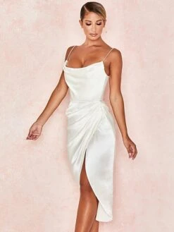 Women's Party Dress Satin Dress Sheath Dress Midi Dress Sleeveless Pure Color Ruched Summer Spring Fall Spaghetti Strap Party Party Summer Dress 2023 S M L -Tesla Style yscmhx1617763306929