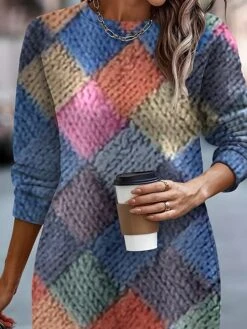 Women's Casual Dress Sweatshirt Dress Mini Dress Warm Fashion Outdoor Vacation Going Out Crew Neck Print Geometric Regular Fit Pink Blue S M L XL XXL -Tesla Style ysdsrs1697107810245