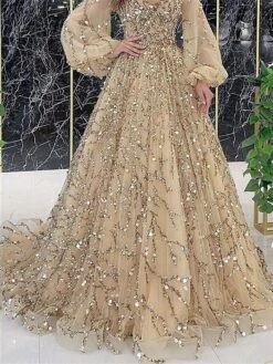 Women‘s Prom Dress Party Dress Sequin Dress Long Dress Maxi Dress Pink Gold Green Long Sleeve Pure Color Sparkly Glitter Sequins Spring Fall Winter V Neck Fashion Winter Dress Wedding Guest -Tesla Style ysifyc1693897495557