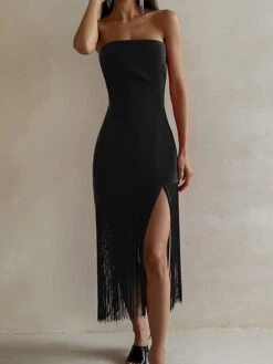 Women's Fringe Dress Bodycon Midi Dress White Black Sleeveless Pure Color Backless Tassel Fringe Spring Summer Strapless Stylish Elegant Sexy Slim 2022 S M L / Party Dress -Tesla Style ystgtx1655372869973