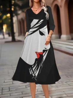 Women's Work Dress Swing Dress A Line Dress Fashion Midi Dress Pocket Print V Neck 3/4 Length Sleeve Abstract Regular Fit Black White Apricot Fall Winter S M L XL XXL