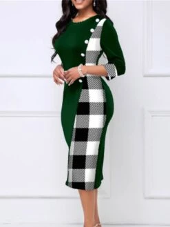 Women's Work Dress Sheath Dress Semi Formal Dress Fashion Winter Dress Office Daily Midi Dress Button Print Crew Neck Long Sleeve Plaid Regular Fit Green Fall Winter S M L XL XXL -Tesla Style ytfnnq1694594948970