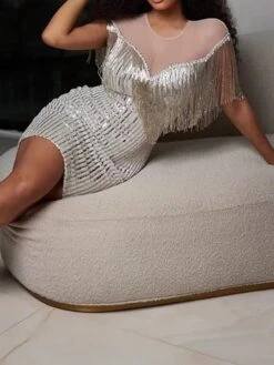 Women's Party Dress Fringe Dress Homecoming Dress Mini Dress Silver Short Sleeve Pure Color Tassel Fringe Spring Fall Winter Crew Neck Fashion Wedding Guest Birthday Vacation Slim 2023 S M L XL -Tesla Style ytftiy1693983148765