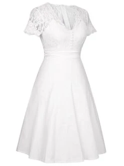 Women's Party Dress Lace Dress Homecoming Dress Midi Dress White Short Sleeve Pure Color Lace Summer Spring V Neck Stylish Party Wedding Guest Spring Dress 2023 S M L XL XXL 3XL -Tesla Style ytfxrf1660535343077