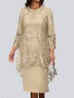 Women's Work Dress Lace Dress Semi Formal Dress Fashion Midi Dress Lace Patchwork Crew Neck 3/4 Length Sleeve Plain Loose Fit Champagne Wine Navy Blue Spring Fall S M L XL XXL -Tesla Style ytiyst1691042277092