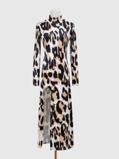 Women's Work Dress Sheath Dress Black Dress Fashion Midi Dress Split Print Turtleneck Long Sleeve Animal Leopard Slim Black White Yellow Fall S M L XL XXL -Tesla Style ytnmic1693299452400