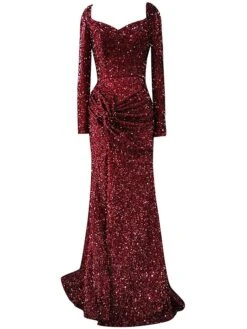 Women's Prom Dress Party Dress Sequin Dress Long Dress Maxi Dress Wine Long Sleeve Pure Color Sequins Spring Fall Winter Square Neck Party Party Winter Dress Wedding Guest 2023 S M L XL XXL -Tesla Style yufxeh1676013314332