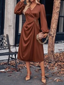 Women's Party Dress Cocktail Dress Satin Dress Midi Dress Champagne Brown Green Long Sleeve Pure Color Ruched Fall Winter Autumn Shirt Collar Fashion Wedding Guest Birthday Vacation 2023 S M L XL -Tesla Style yujsfd1696077347561