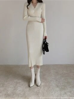 Women‘s Sweater Dress Winter Dress Sheath Dress Midi Dress Black White Green Long Sleeve Pure Color Button Fall Winter Autumn V Neck Stylish Winter Dress Fall Dress 2023 One-Size -Tesla Style yutgbv1665656617395