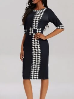 Women's Work Dress Sheath Dress Black Dress Fashion Office Daily Midi Dress Patchwork Print Crew Neck Half Sleeve Houndstooth Regular Fit Black Red Blue Fall Winter S M L XL XXL -Tesla Style yvbclp1694574588894