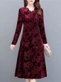 Women's Party Dress Velvet Dress Print Dress Midi Dress Maroon Dark Green Purple Long Sleeve Floral Print Spring Fall Winter V Neck Stylish Party Winter Dress Wedding Guest 2023 XL 2XL 3XL 4XL 5XL 6XL -Tesla Style yvgerz1665489373767