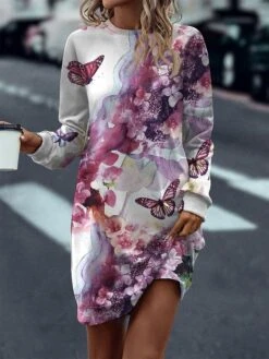 Women's Casual Dress Sweatshirt Dress Mini Dress Warm Fashion Outdoor Vacation Going Out Crew Neck Print Animal Regular Fit Pink S M L XL XXL