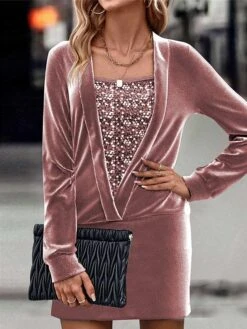 Women's Casual Dress Velvet Dress Mini Dress Warm Fashion Outdoor Holiday Vacation Crew Neck Pure Color Pure Color Regular Fit Pink S M L XL XXL