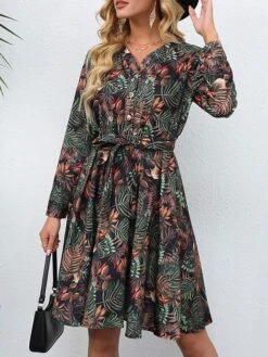 Women's Work Dress A Line Dress Fashion Mini Dress Lace Up Button V Neck Long Sleeve Floral Regular Fit Green Fall S M L XL XXL -Tesla Style yvqksh1693280834324