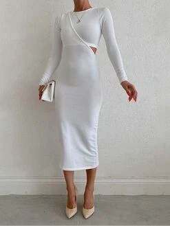 Women's Sweater Dress Jumper Dress Casual Dress Long Dress Maxi Dress Active Pure Color Outdoor Casual Holiday Vacation Crew Neck Long Sleeve Cut Out 2023 Slim White Apricot S M L XL -Tesla Style yvsncf1694426956481