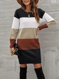 Women's Sweater Dress Winter Dress Jumper Dress Mini Dress Fashion Color Block Stripe Daily Date Going Out Weekend Crew Neck Long Sleeve Patchwork Ribbed 2023 Loose Fit Black Blue Green S M L XL -Tesla Style ywccnp1694595937825