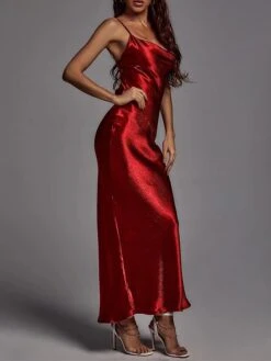 Women‘s Christmas Prom Dress Party Dress Satin Dress Long Dress Maxi Dress Red Gold Sleeveless Pure Color Backless Spring Fall Winter Spaghetti Strap Fashion Birthday Evening Party Wedding Guest -Tesla Style ywfqul1692173958398