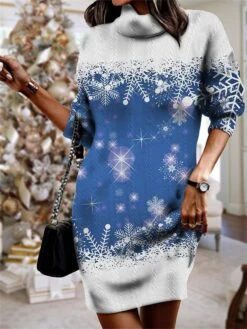 Women's Christmas Dress Sweater Dress Jumper Dress Mini Dress Warm Snowflake Outdoor Christmas Casual Daily Turtleneck Long Sleeve 2023 Loose Fit Burgundy Blue S M L XL XXL 3XL -Tesla Style ywjhel1697793566614
