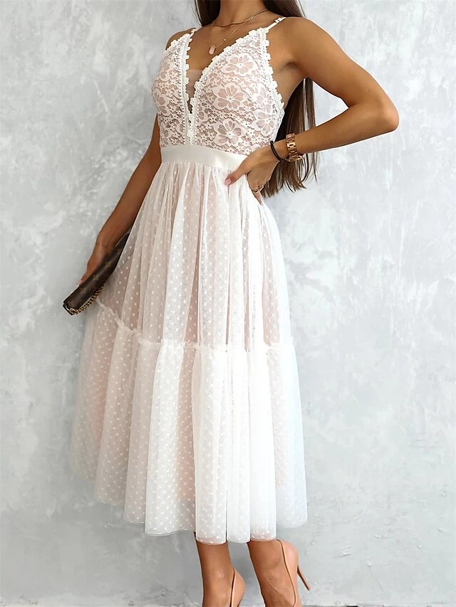 Women's Party Dress Lace Dress Homecoming Dress Midi Dress Black White Pink Sleeveless Floral Lace Summer Spring Fall Spaghetti Strap Party Birthday Wedding Guest Vacation Slim 2023 S M L XL / Winter