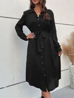 Women's Work Dress Casual Dress Black Dress Fashion Office Daily Workfashion Midi Dress Lace Up Button Shirt Collar Long Sleeve Plain Loose Fit Black Fall Winter S M L XL -Tesla Style ywrwdw1695105092382