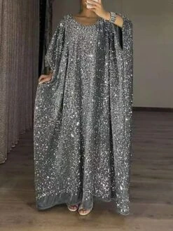 Women‘s Prom Dress Party Dress Sequin Dress Long Dress Maxi Dress Silver Long Sleeve Pure Color Sparkly Glitter Sequins Spring Fall Winter V Neck Fashion Winter Dress Wedding Guest Evening