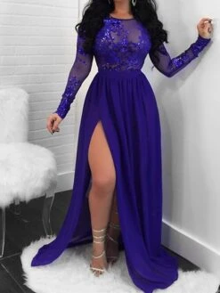 Women's Prom Dress Party Dress Sequin Dress Long Dress Maxi Dress Red Blue Long Sleeve Pure Color Sequins Spring Fall Winter Crew Neck Fashion Party Winter Dress Wedding Guest 2023 S M L XL -Tesla Style yxdtei1652871041505