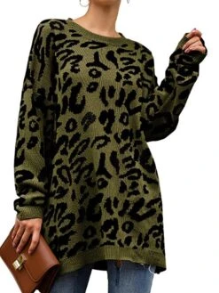 Women's Sweater Dress Winter Dress Jumper Dress Mini Dress Fashion Leopard Outdoor Street Daily Vacation Crew Neck Long Sleeve Print 2023 Loose Fit Khaki Army Green Apricot S M L XL -Tesla Style yxexhu1696434058857