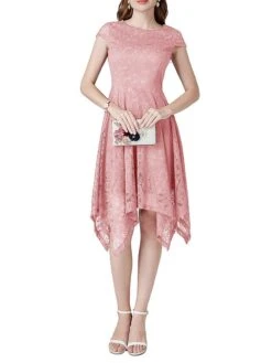 Women's Party Dress Lace Dress Cocktail Dress Midi Dress Black Pink Wine Short Sleeve Pure Color Lace Spring Fall Winter V Neck Fashion Winter Dress Wedding Guest Vacation 2023 S M L XL XXL -Tesla Style yxnjyc1692180411241