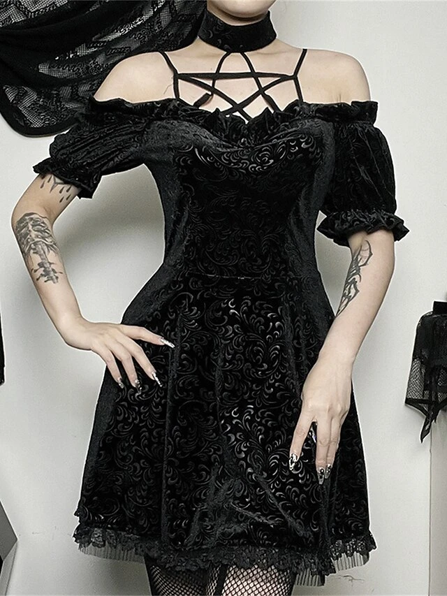 Women's Party Dress Velvet Dress Cocktail Dress Mini Dress Black Short Sleeve Pure Color Lace Spring Fall Winter Halter Neck Fashion Halloween Birthday Wedding Guest 2023 S M L 7 Women's Party Dress Velvet Dress Cocktail Dress Mini Dress Black Short Sleeve Pure Color Lace Spring Fall Winter Halter Neck Fashion Halloween Birthday Wedding Guest 2023 S M L - Image 5