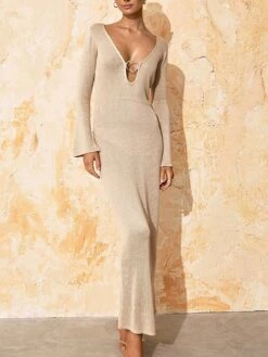 Women's Sweater Dress Winter Dress Jumper Dress Long Dress Maxi Dress Backless Hollow Out Outdoor Daily Date Active Fashion V Neck Long Sleeve 2023 Regular Fit Black Khaki Color S M L Size -Tesla Style yxwafz1692696051648