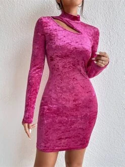 Women's Party Dress Velvet Dress Homecoming Dress Mini Dress Rose Long Sleeve Pure Color Cut Out Spring Fall Winter High Neck Fashion Winter Dress Wedding Guest Vacation 2023 S M L XL -Tesla Style yycdsq1692860978296