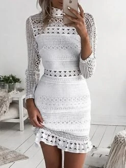 Women‘s Wedding Guest Dress Homecoming Dress Lace Dress Party Dress Sheath Dress Mini Dress White Long Sleeve Pure Color Lace Winter Fall High Neck Fashion Winter Dress Weekend 2023