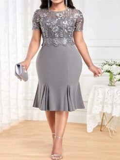 Women's Plus Size Party Dress Cocktail Dress Wedding Guest Dress Midi Dress Pink Wine Blue Short Sleeve Pure Color Lace Spring Fall Winter Crew Neck Fashion Winter Dress Wedding Guest Vacation 2023 S -Tesla Style yystam1693806560999