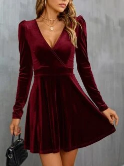 Women‘s Wedding Guest Dress Homecoming Dress Party Dress Velvet Dress Green Casual Dress Wine Army Green Black Long Sleeve Pure Color Ruched Velvet Winter Fall V Neck Casual Modern -Tesla Style yytbru1661941393687