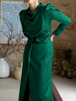 Women's Work Dress Satin Dress Semi Formal Dress Fashion Long Dress Maxi Dress Split Stand Collar Long Sleeve Plain Regular Fit Black Blue Sky Blue Fall Winter S M L XL -Tesla Style yywimu1692761651602