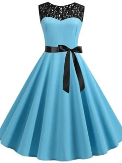 Women's Lace Dress Vintage Dress Swing Dress Black Dress Light Blue Wine Red Black Sleeveless Print Lace Up Summer Spring Fall Crew Neck Vintage -Tesla Style yzaoky1602866794431