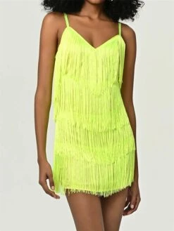 Women‘s Party Dress Fringe Dress Sequin Dress Homecoming Dress Mini Dress Neon Yellow White Light Green Sleeveless Pure Color Sparkly Glitter Sequins Spring Fall Winter Fashion Winter Dress Wedding -Tesla Style yzaslo1692085482119