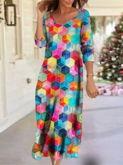 Women's Work Dress Casual Dress A Line Dress Fashion Winter Dress Daily Midi Dress Print Crew Neck Long Sleeve Floral Geometric Regular Fit Wine Red Green Fall Winter S M L XL XXL -Tesla Style yzkqnj1694660964375