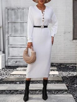 Women's Sweater Dress Winter Dress Jumper Dress Midi Dress Button Street Daily Going Out Fashion Streetwear Crew Neck Long Sleeve 2023 Loose Fit Black White Purple Color S M L XL Size -Tesla Style yzprew1692259876047