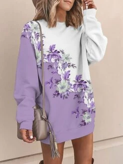 Women's Casual Dress Sweatshirt Dress Mini Dress Warm Fashion Outdoor Vacation Going Out Crew Neck Print Floral Loose Fit Pink Royal Blue Blue S M L XL XXL -Tesla Style yzvnbr1694069114473