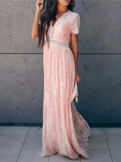 Women's Party Dress Lace Dress Swing Dress Long Dress Maxi Dress Pink White Short Sleeve Pure Color Lace Spring Summer V Neck Modern 2023 S M L XL XXL