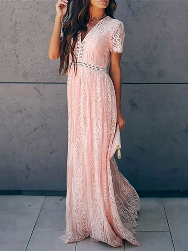 Women's Party Dress Lace Dress Swing Dress Long Dress Maxi Dress Pink White Short Sleeve Pure Color Lace Spring Summer V Neck Modern 2023 S M L XL XXL 3 Women's Party Dress Lace Dress Swing Dress Long Dress Maxi Dress Pink White Short Sleeve Pure Color Lace Spring Summer V Neck Modern 2023 S M L XL XXL