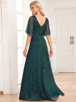 Women's Prom Dress Party Dress Sequin Dress Long Dress Maxi Dress Dark Green Short Sleeve Pure Color Ruched Summer Spring Fall V Neck Formal Wedding Guest Evening Party 2023 S M L XL XXL -Tesla Style zadfto1697089393407