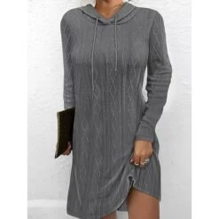 Women's Sweater Dress Winter Dress Jumper Dress Mini Dress Lace Up Ribbed Street Daily Holiday Fashion Modern Hooded Long Sleeve 2023 Loose Fit Dark Brown Pea Green Black Color S M L XL 2XL Size -Tesla Style zahucc1692162747928