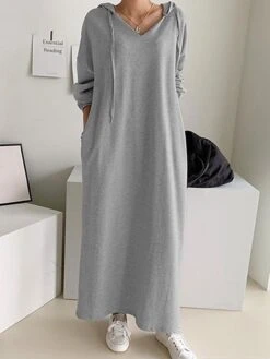 Women's Casual Dress Hoodie Dress Shift Dress Long Dress Maxi Dress Pocket Outdoor Daily Going Out Active Fashion Hooded Long Sleeve 2023 Loose Fit Black Khaki Gray Color S M L XL XXL Size