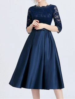 Women‘s Party Dress Wedding Guest Dress Lace Dress Swing Dress Midi Dress Navy Blue 3/4 Length Sleeve Pure Color Lace Winter Fall Spring Crew Neck Fashion Party Spring Dress 2023 XS S M L XL XXL 3XL -Tesla Style zbdiha1672050514971
